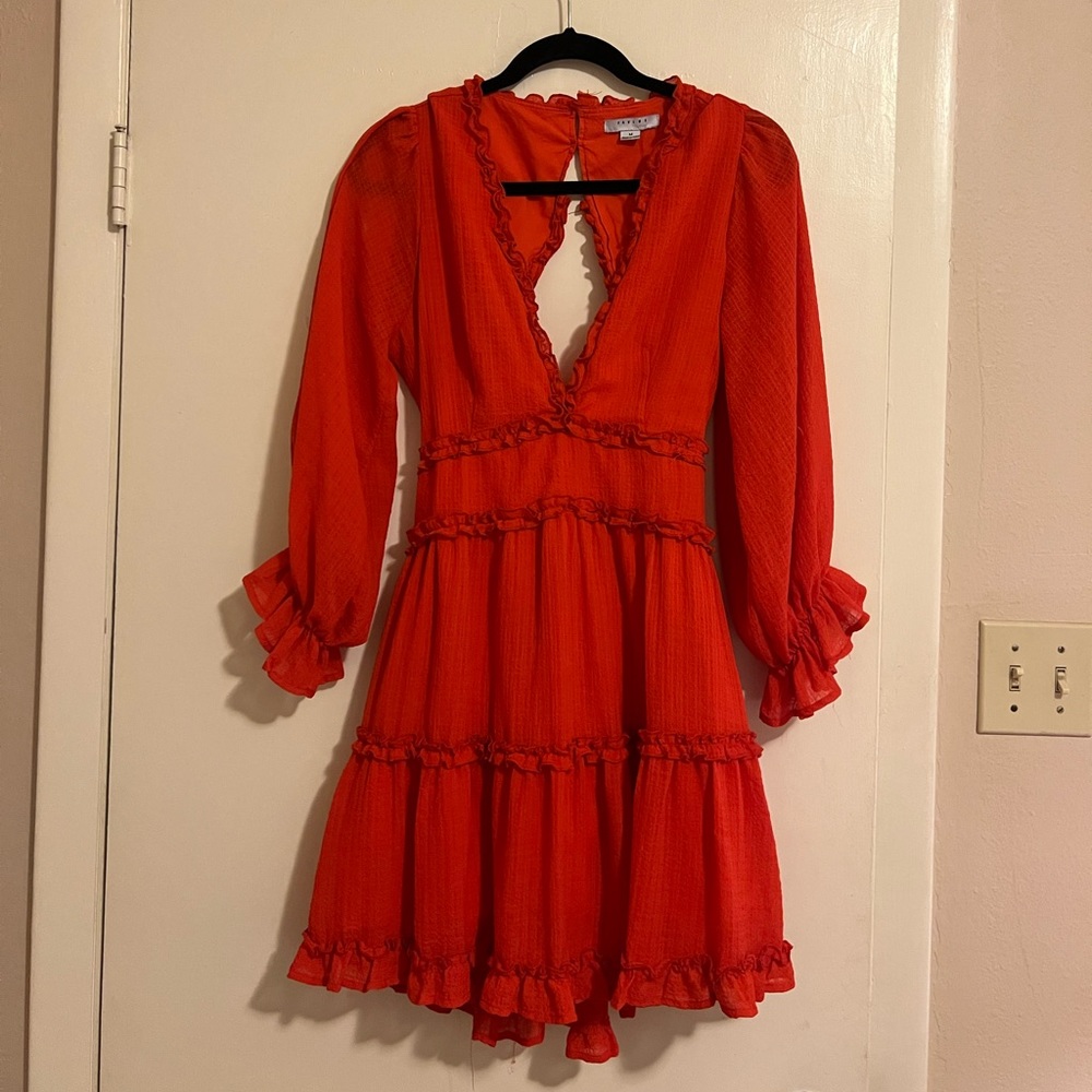 Favlux Ruffle Plunge Long Sleeve Red Coral Mini Dress